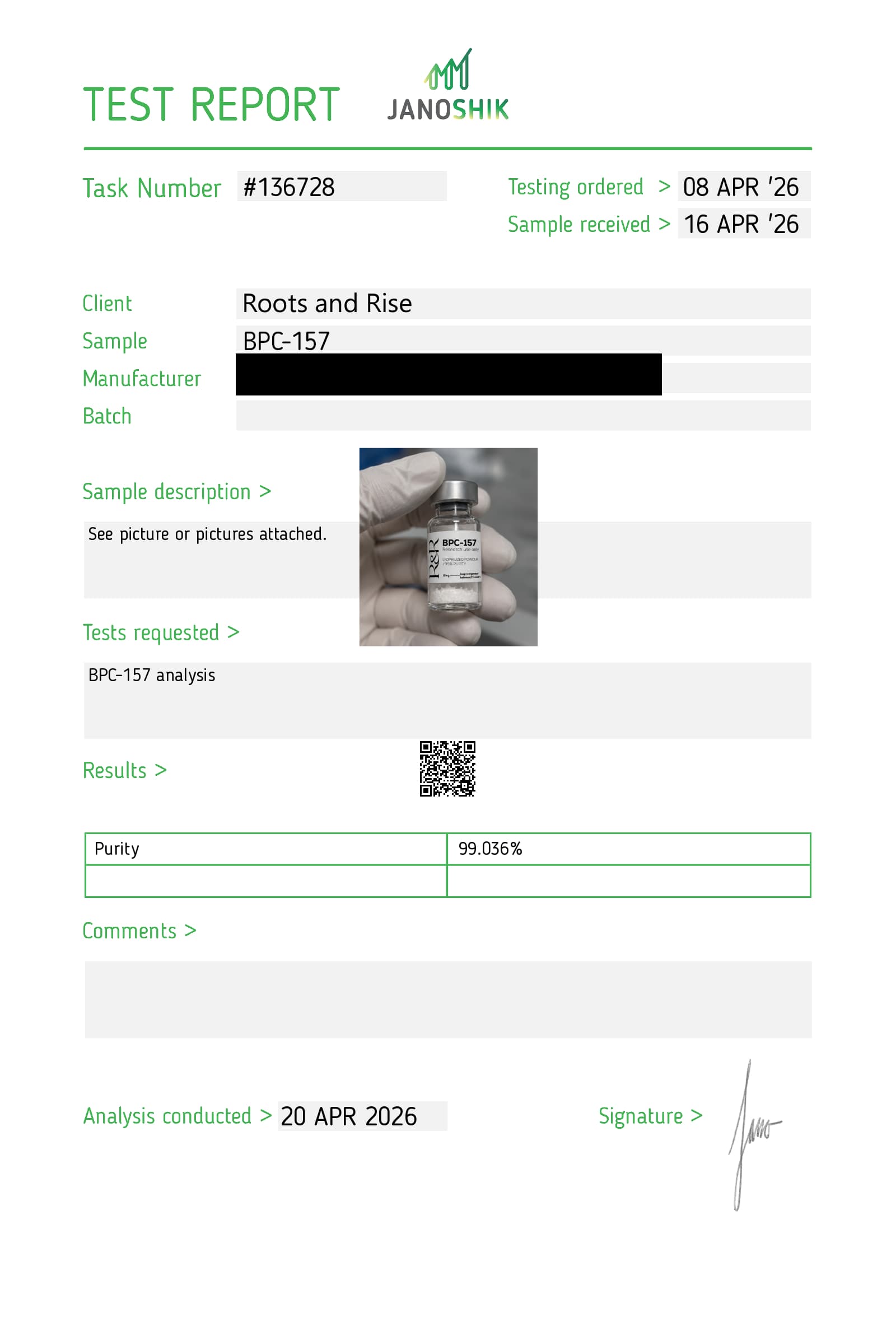 Certificate of analysis for BPC-157