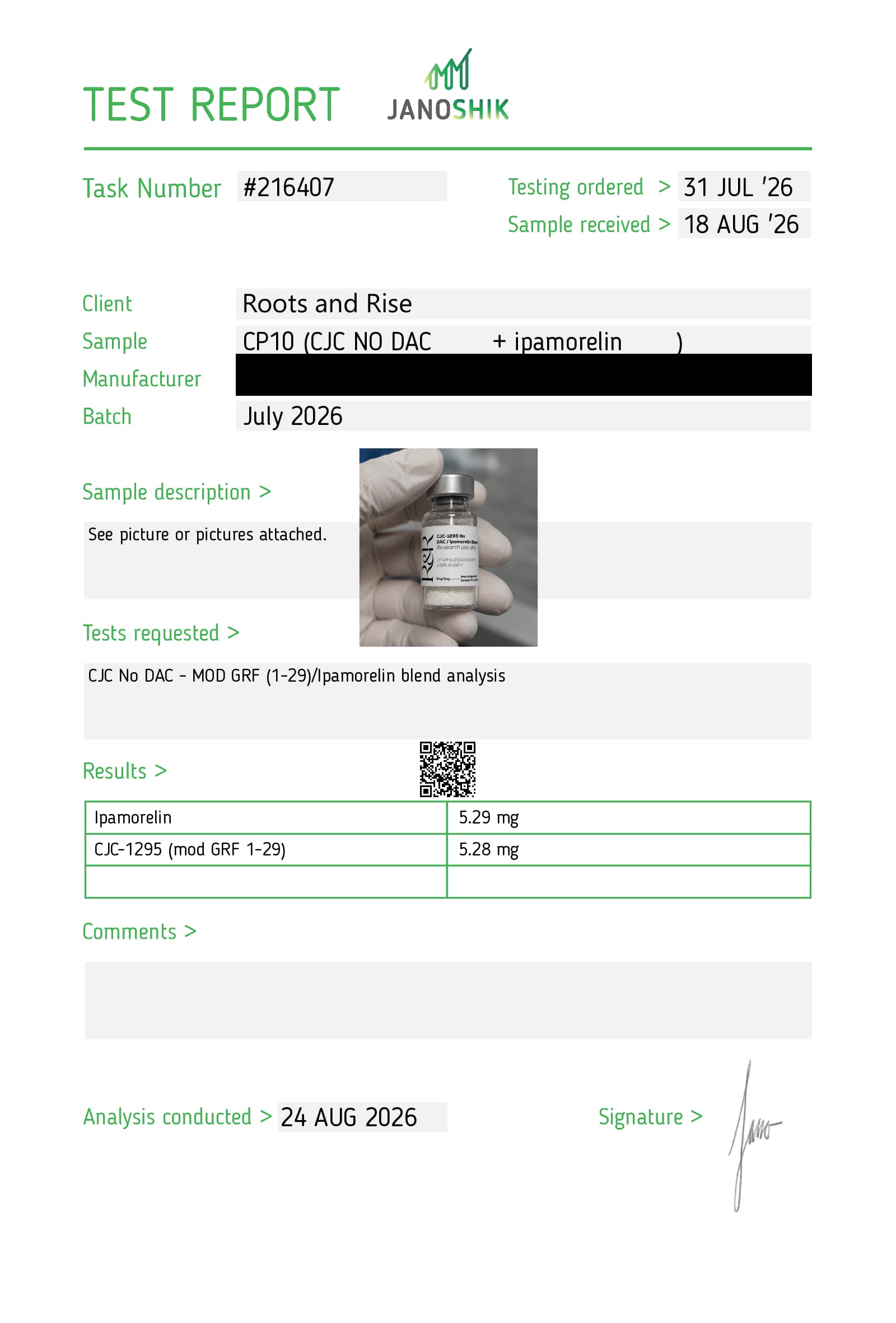Certificate of analysis for CJC-1295 No DAC / Ipamorelin Blend