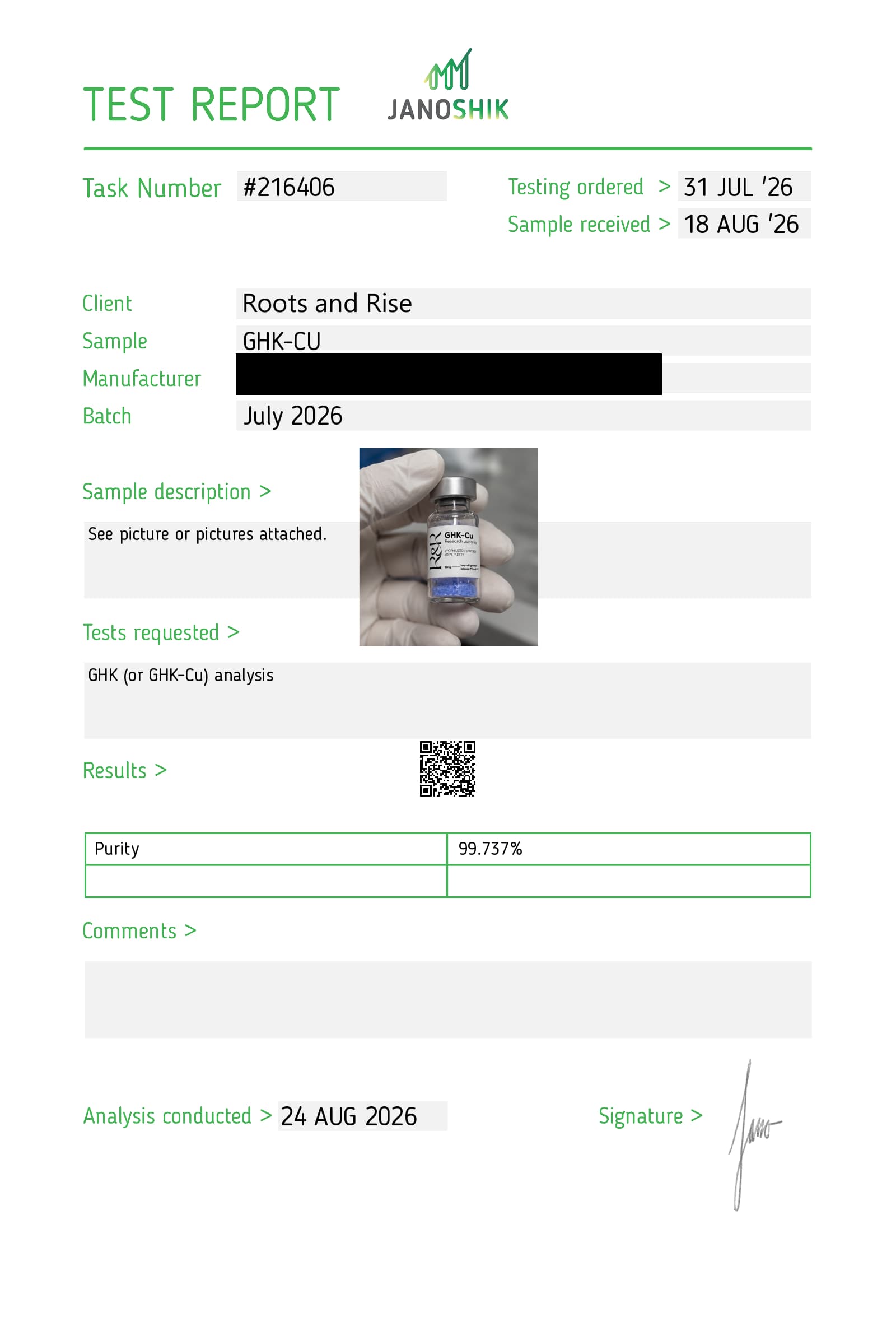 Certificate of analysis for GHK-Cu