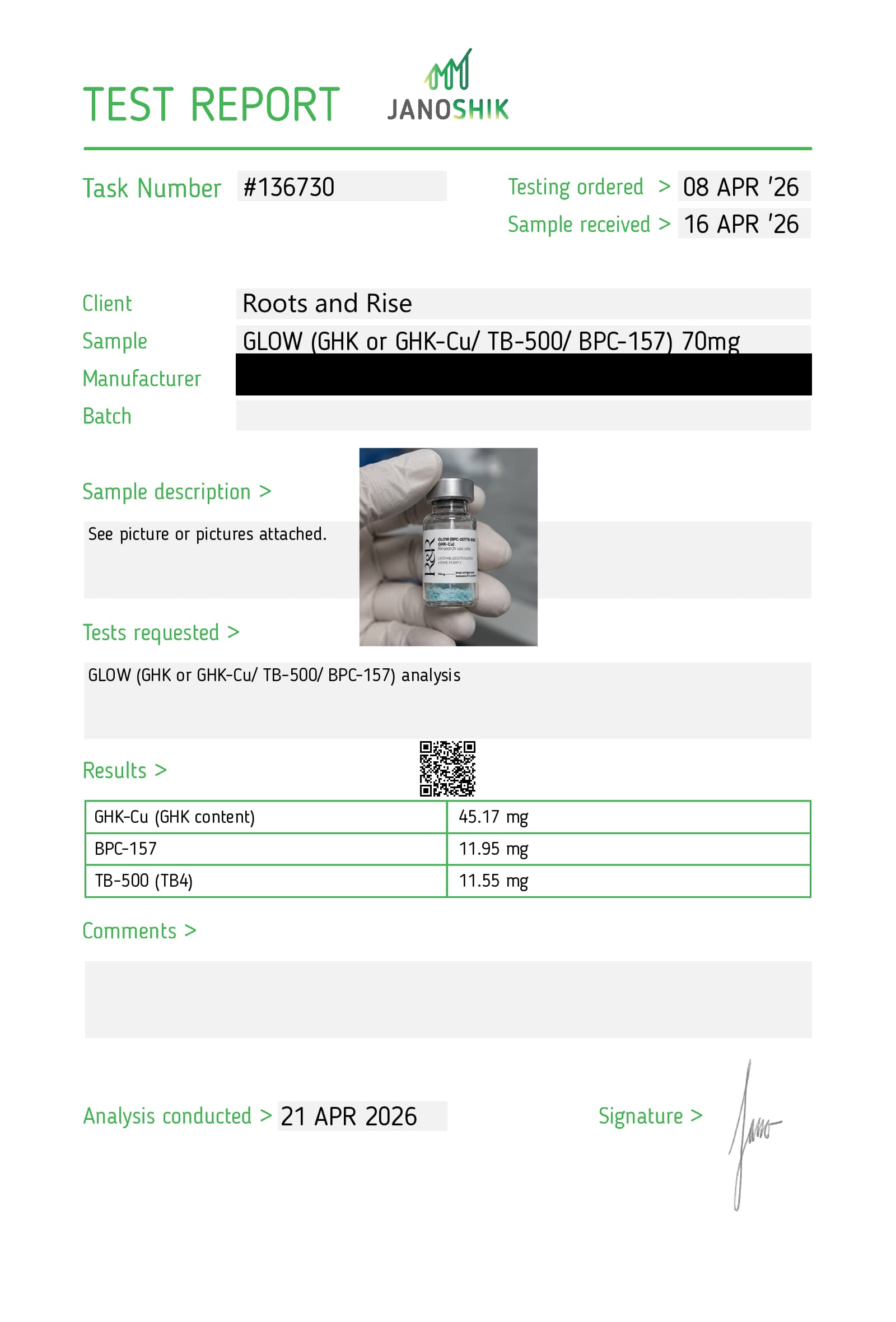 Certificate of analysis for GLOW (BPC-157/TB-500/GHK-Cu)
