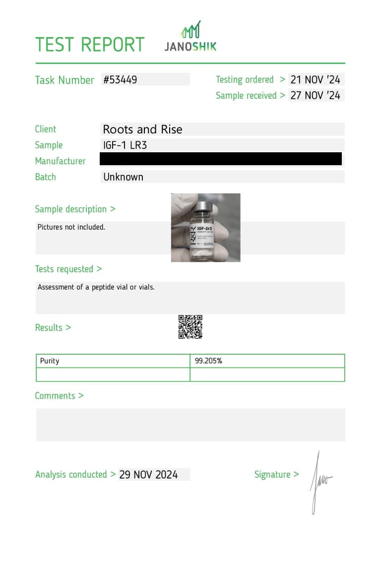 Certificate of analysis for IGF-1 LR3