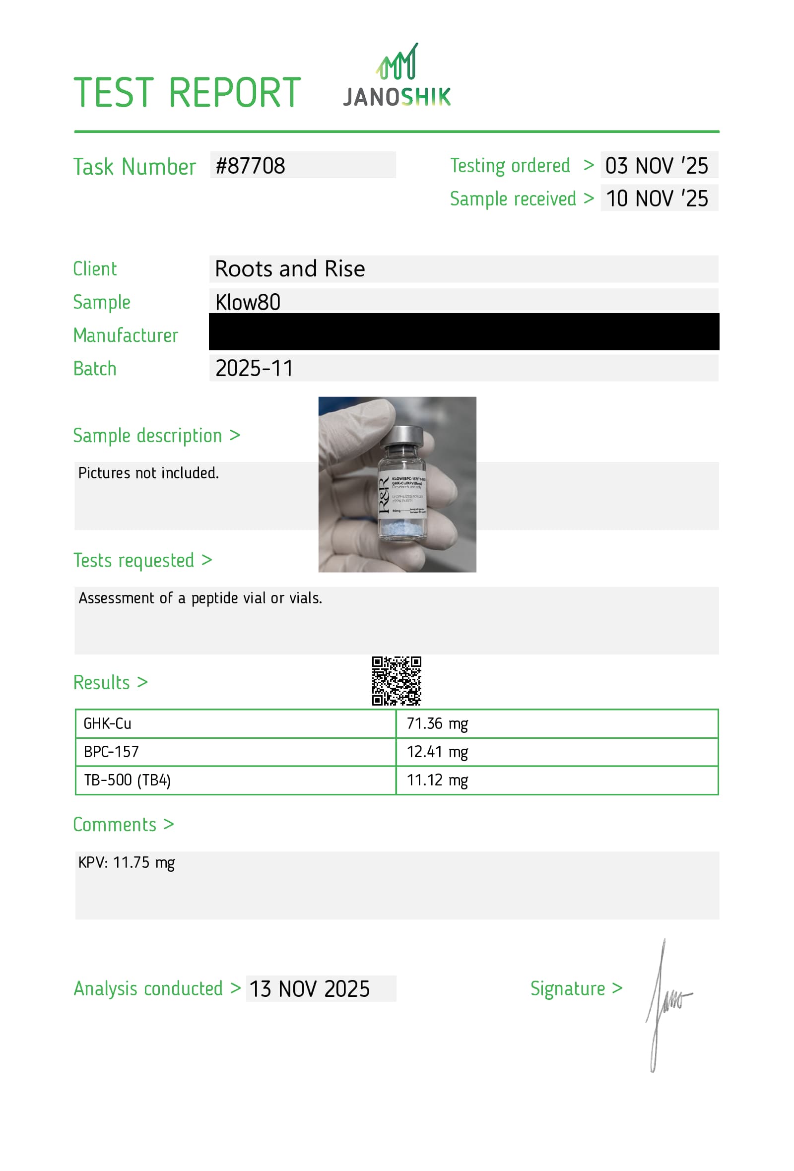 Certificate of analysis for KLOW (BPC-157/TB-500/GHK-Cu/KPV Blend)