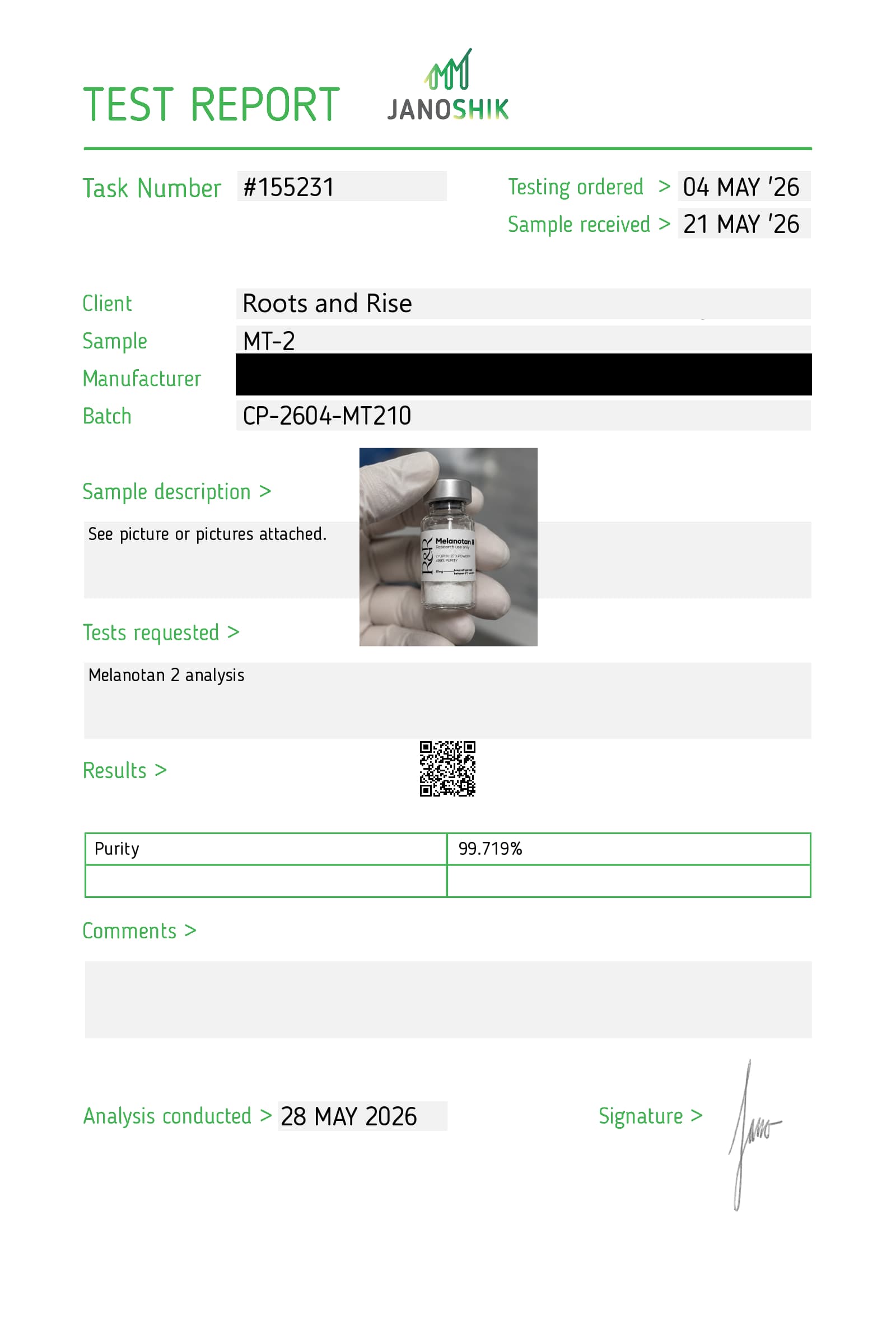 Certificate of analysis for Melanotan II