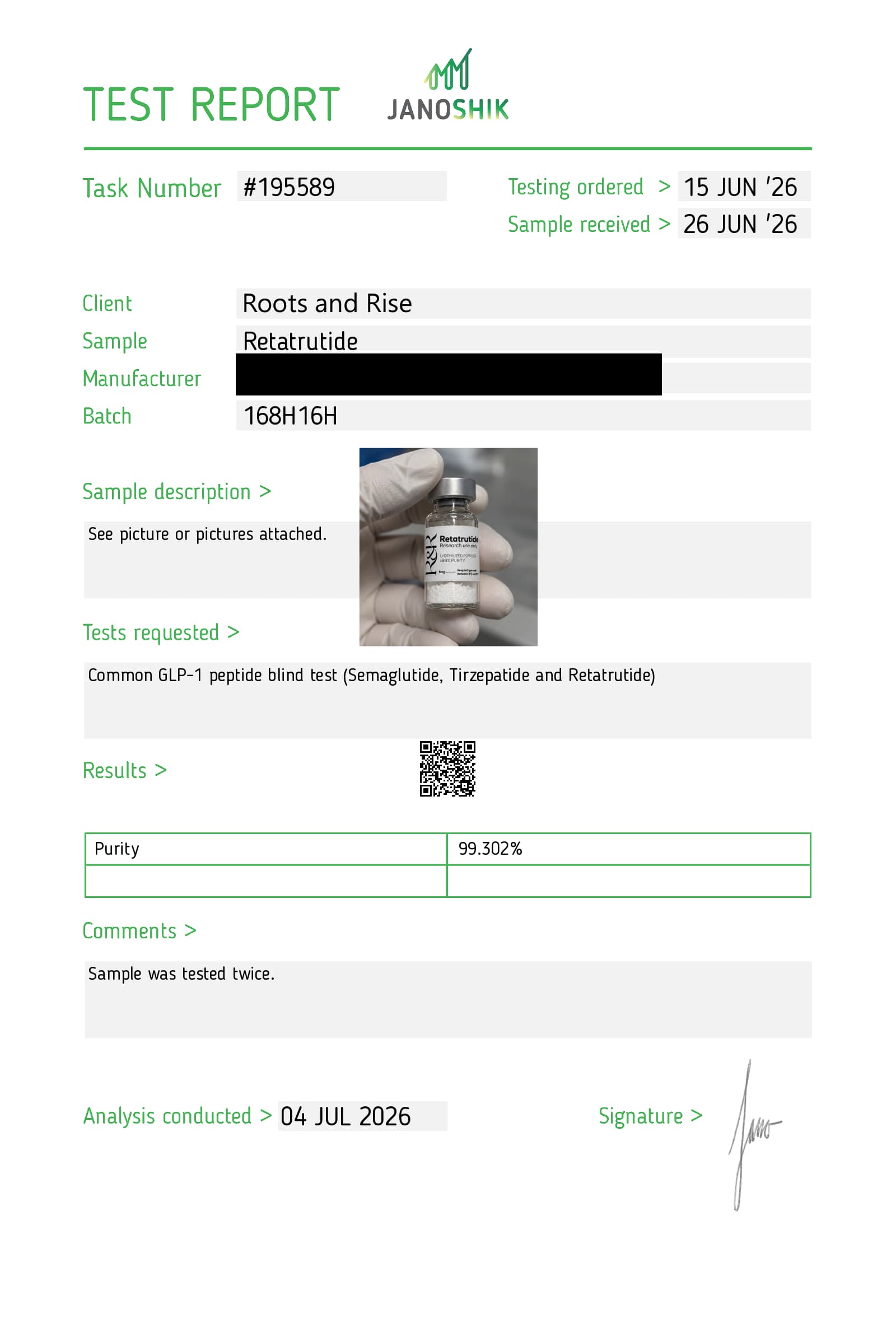 Certificate of analysis for Retatrutide