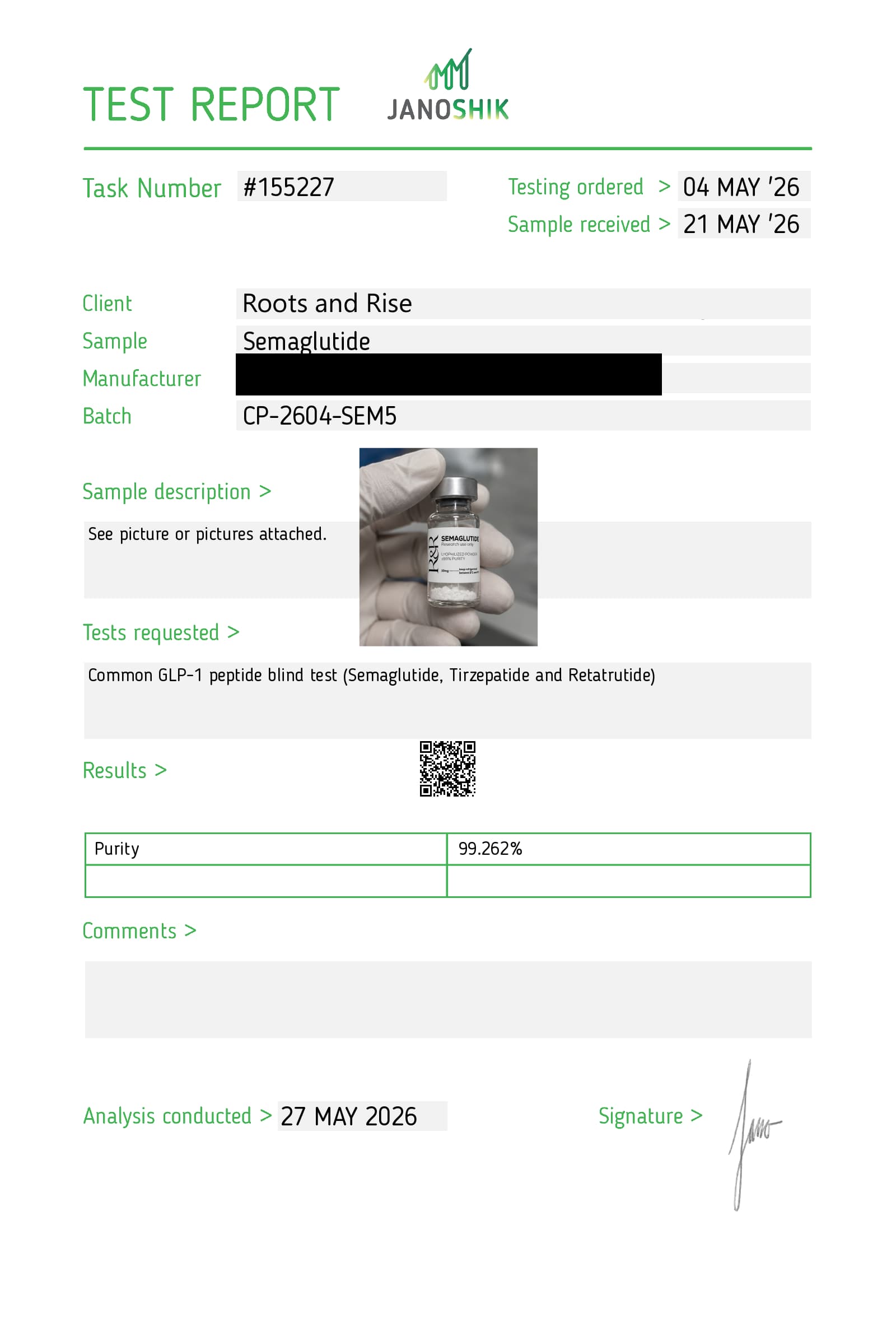 Certificate of analysis for Semaglutide