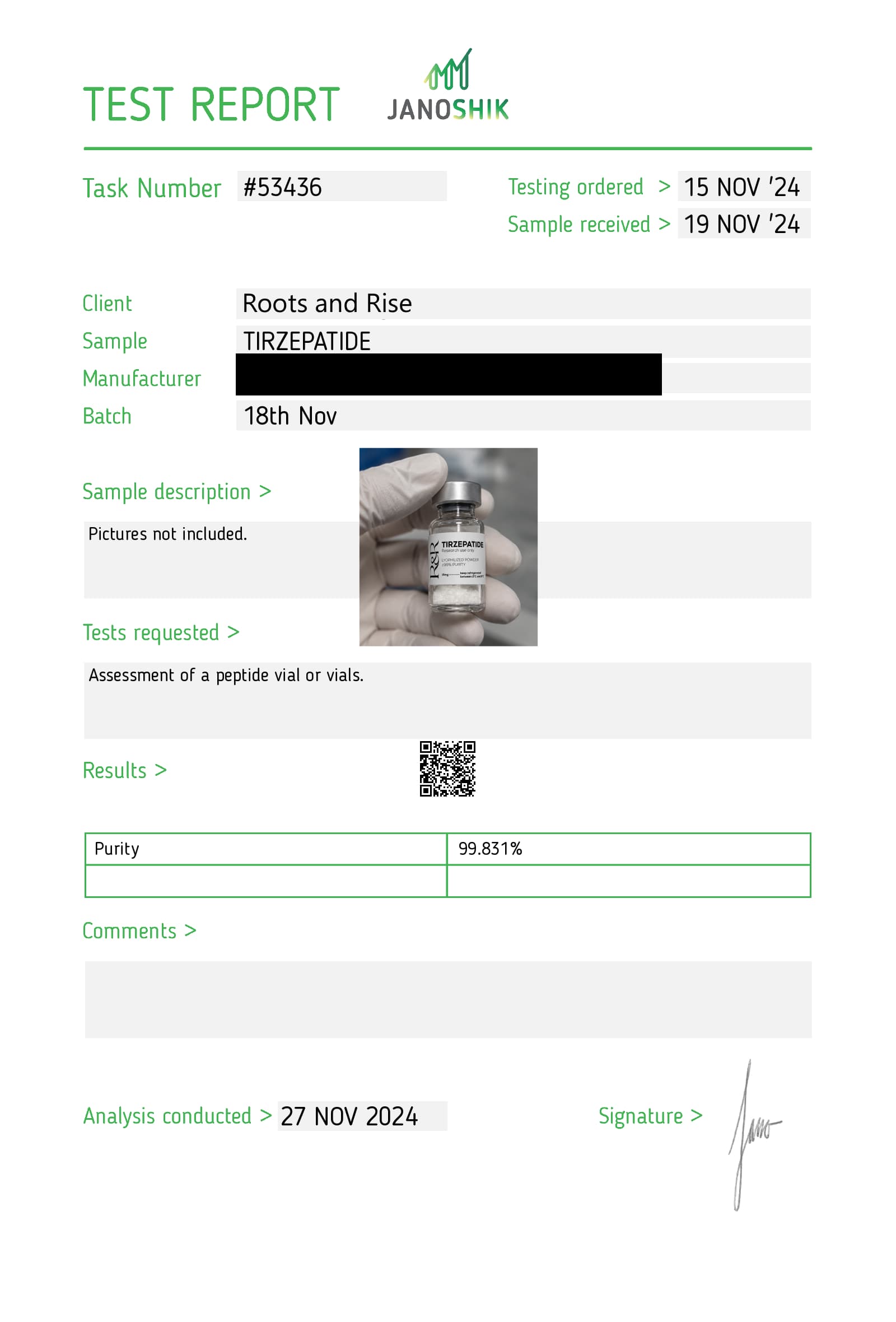 Certificate of analysis for Tirzepatide